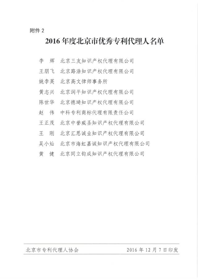 2016年度北京市優秀專利代理機構及優秀專利代理人名單公布