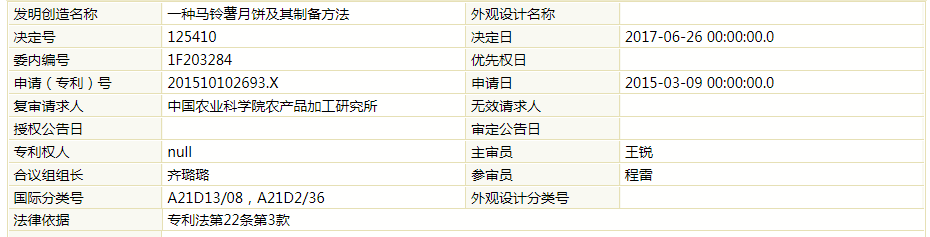「一種馬鈴薯月餅及其制備方法」發明專利無效決定書（全文）