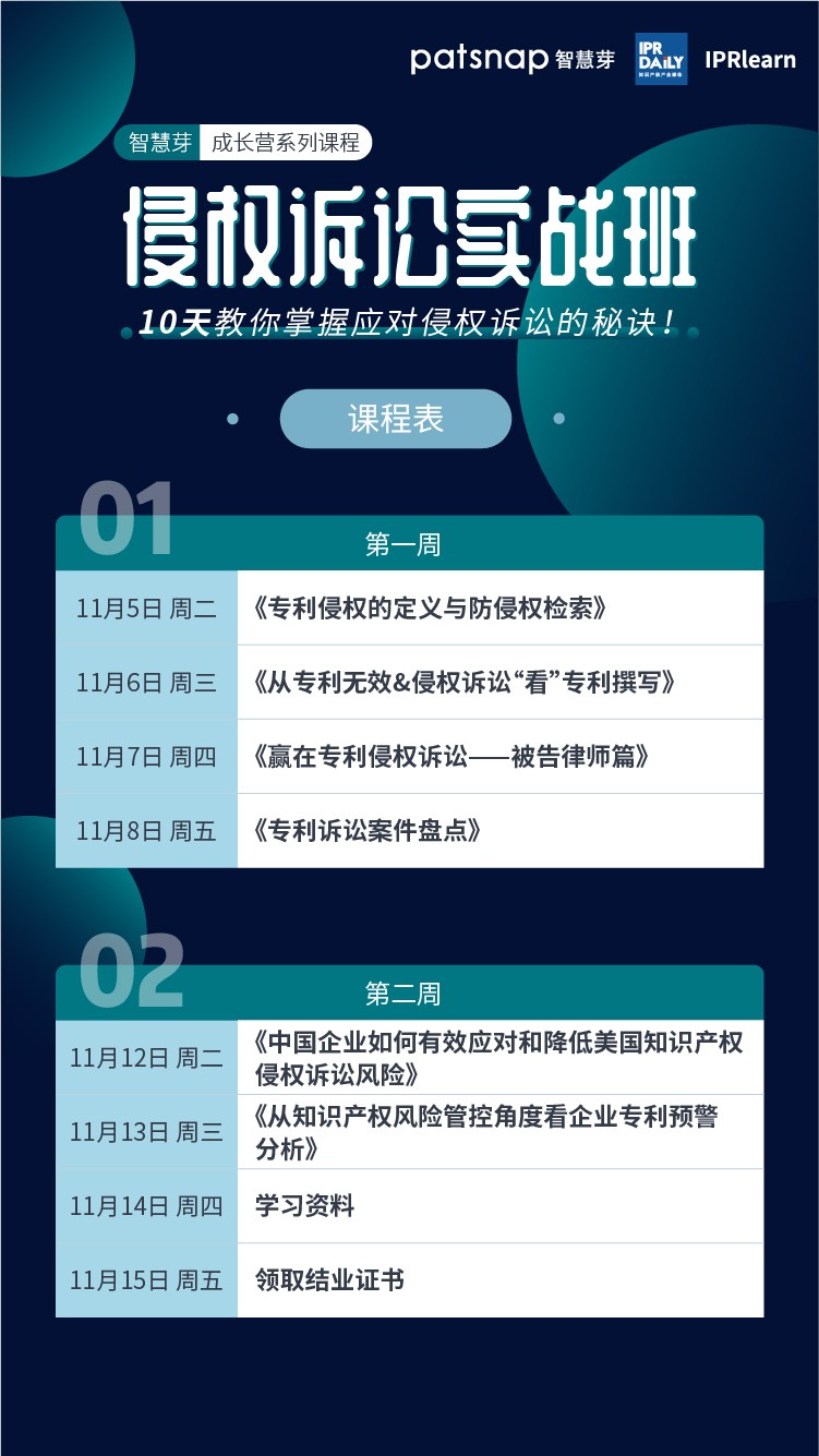 侵權訴訟實戰班上線，10天掌握侵權訴訟的攻防之道！