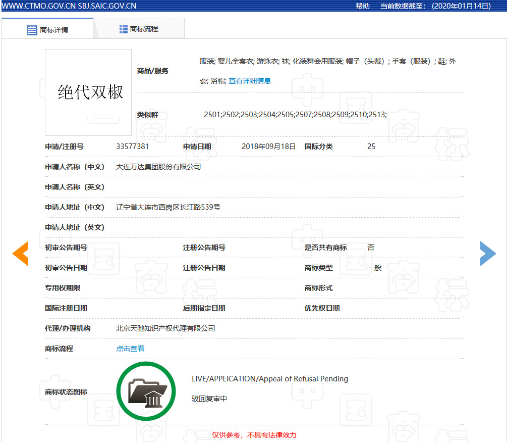 大連萬達集團“絕代雙椒”撞上“絕代雙驕”，近似駁回！