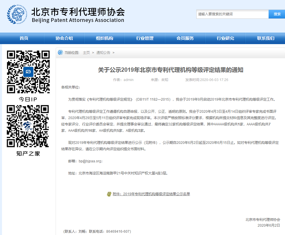 2019年北京市專利代理機構等級評定結果公示！