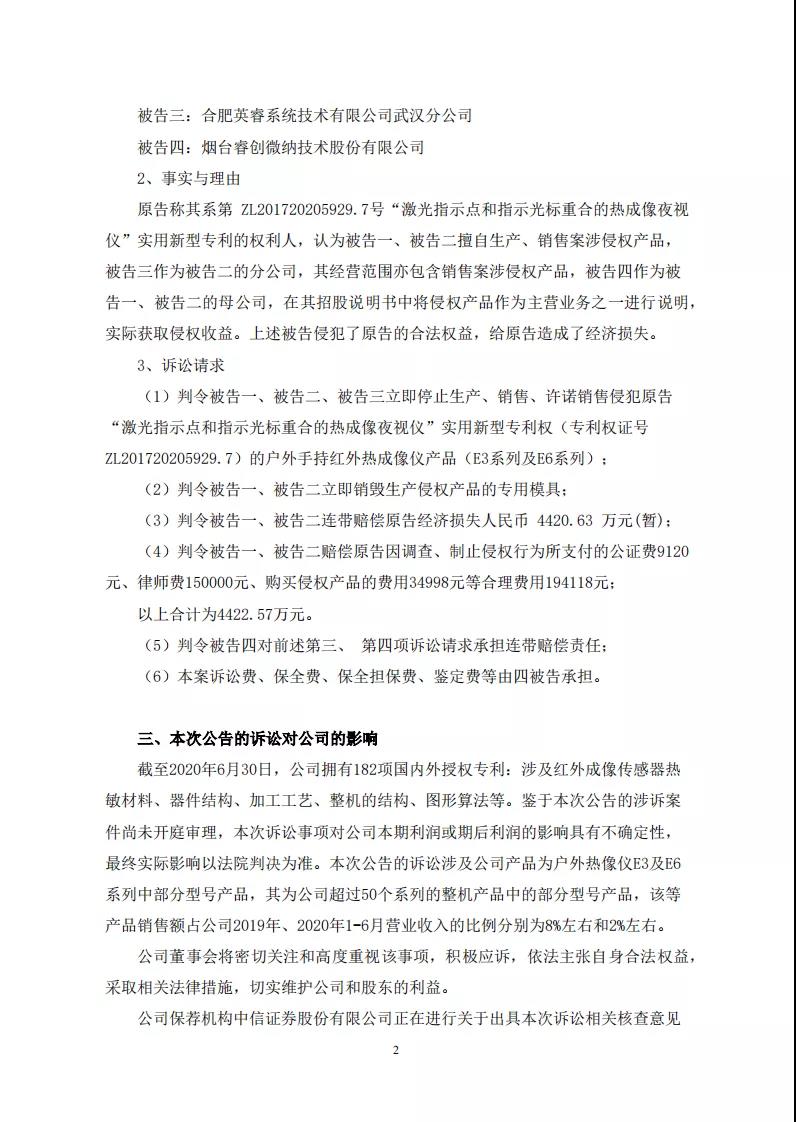 涉案金額4422余萬！睿創微納被控侵害實用新型專利權