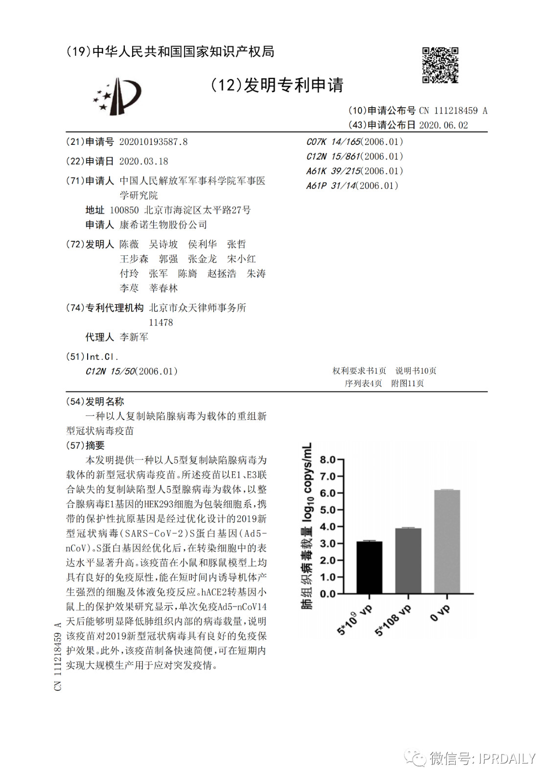 好消息！陳薇團隊獲得國內首個新冠疫苗專利！