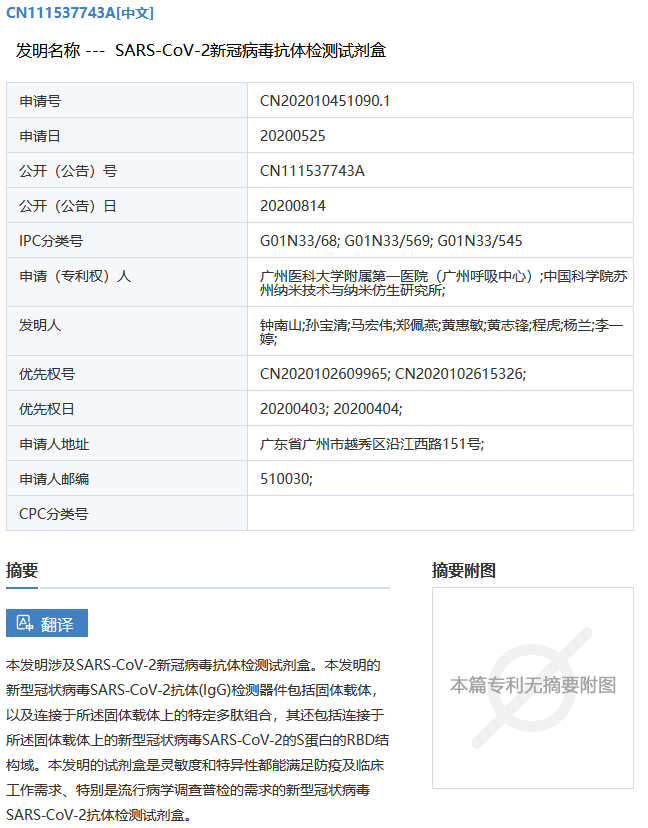 SARS-CoV-2新冠病毒抗體檢測試劑盒專利于公開！發明人包括鐘南山等