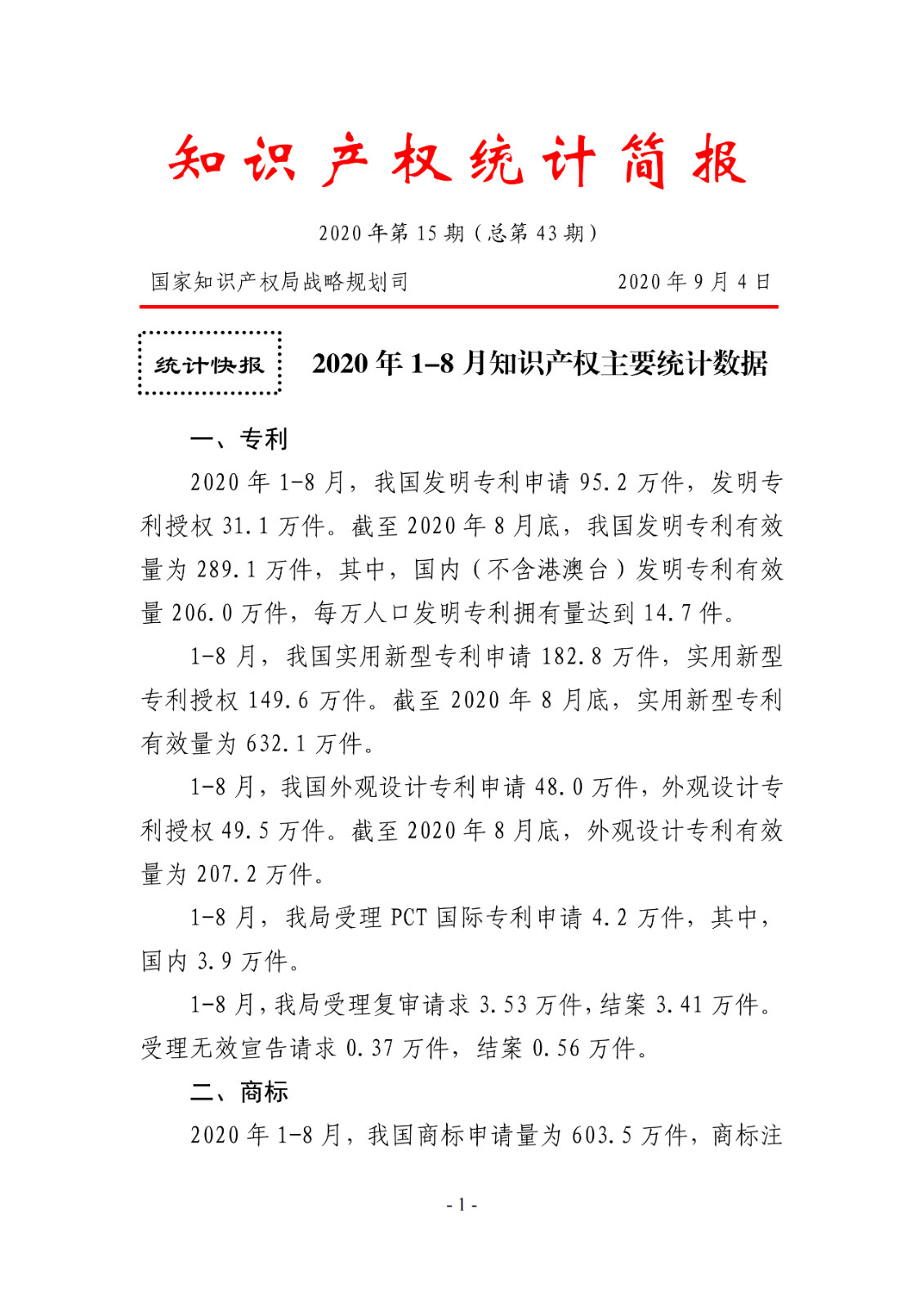 2020年1--8月知識產權主要統計數據（附8月數據）
