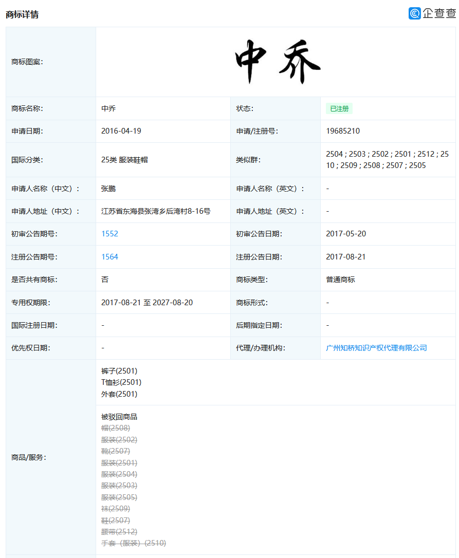 喬丹體育改名中喬體育，第25類“中喬”商標已被他人申請？