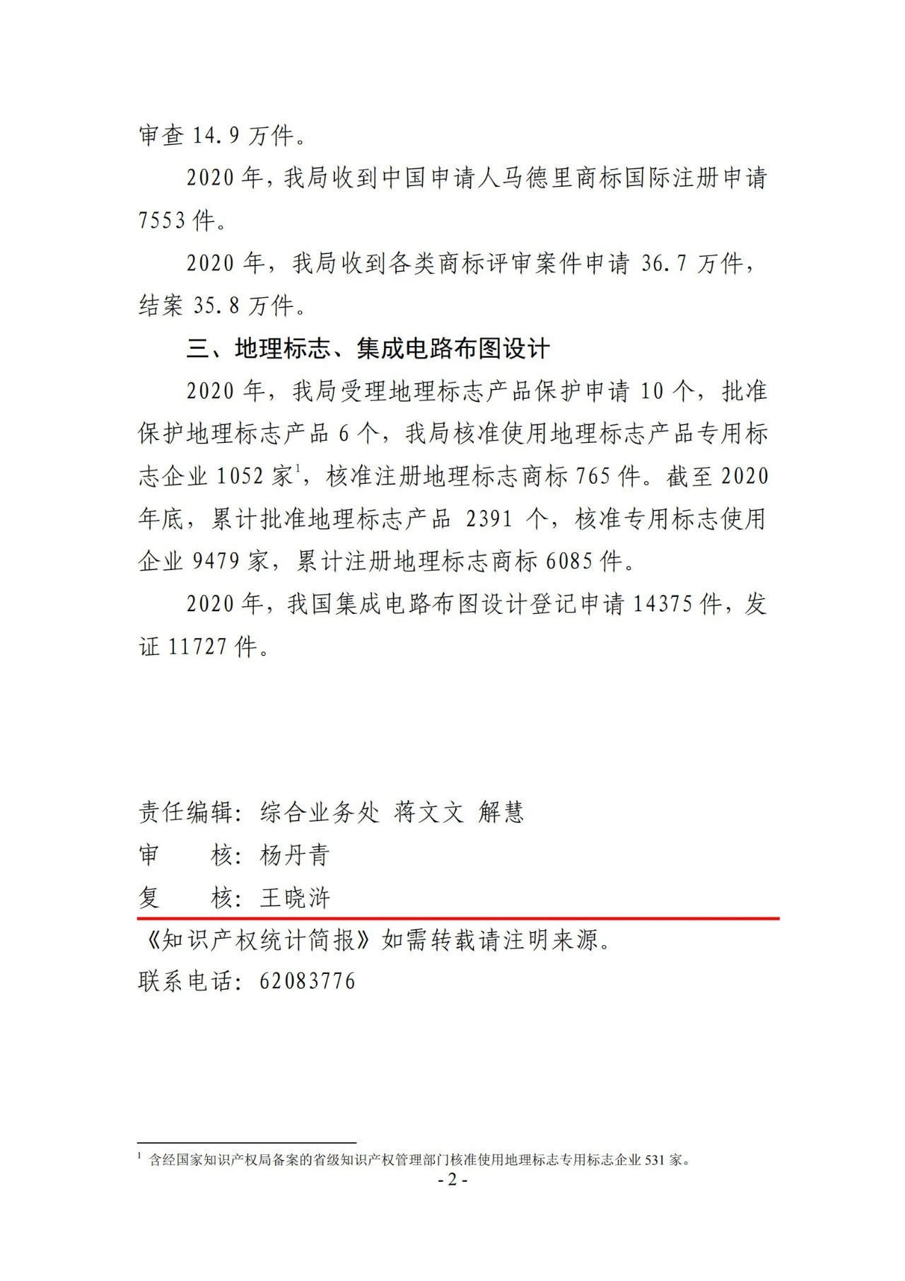 2020年度專利、商標、地理標志等統計數據簡報（2021年第一期）
