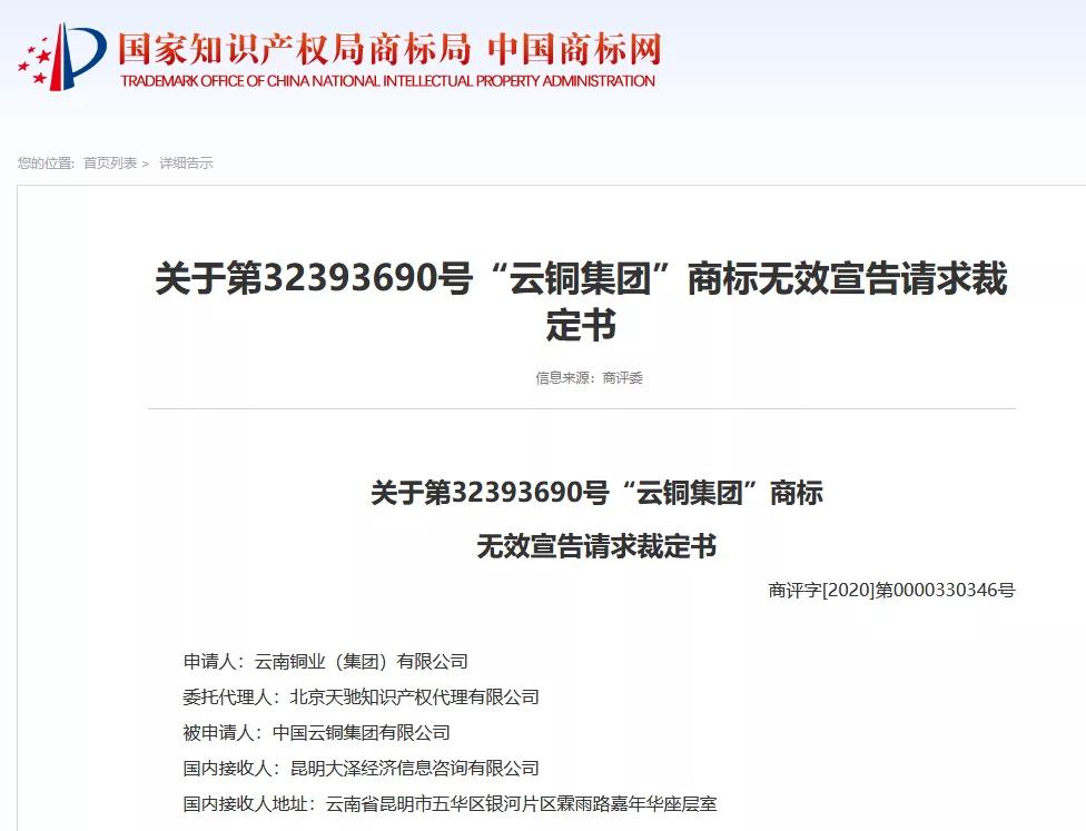 140個“云銅”相關商標被無效！此前被申請人曾以合作為名索取高額轉讓費