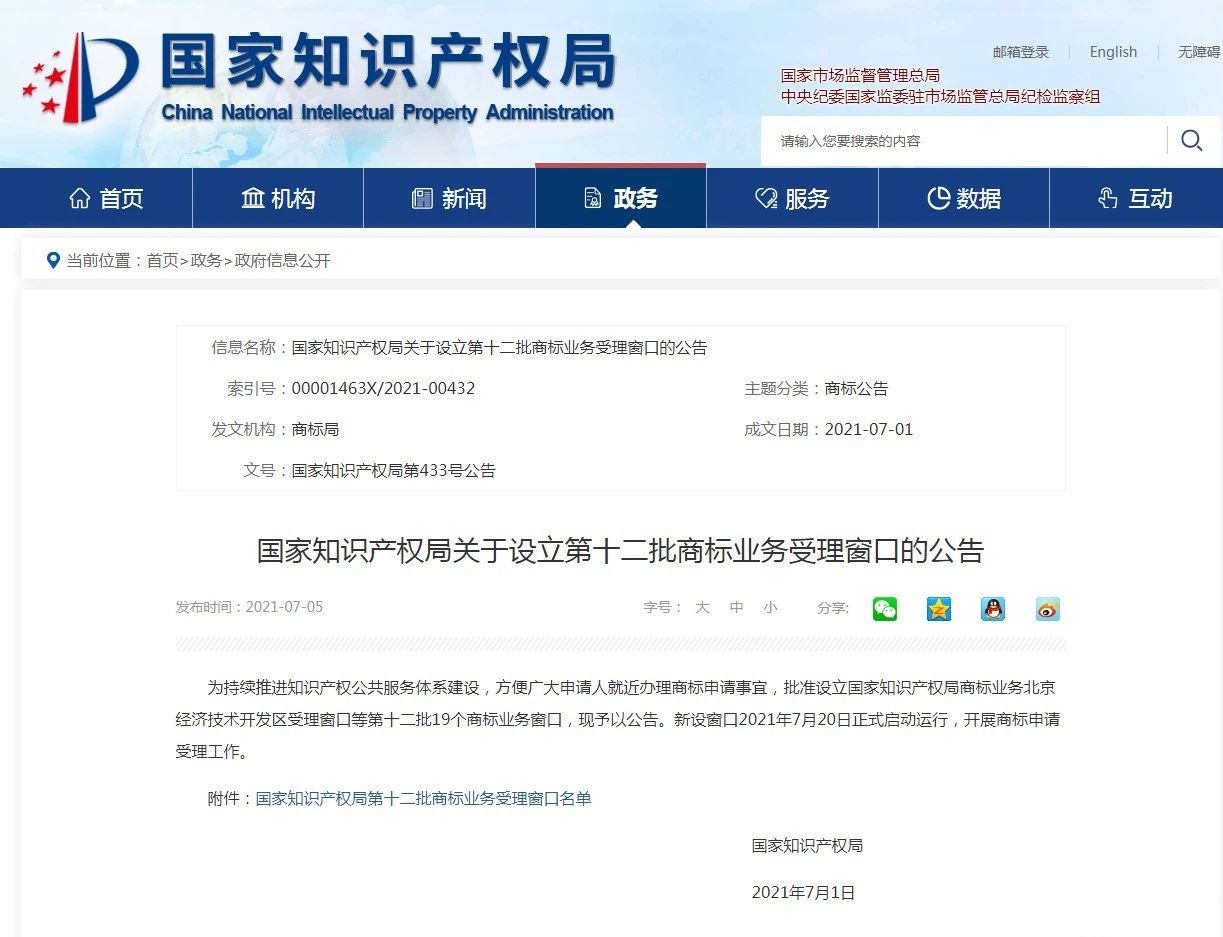 新增19個商標業務受理窗口將于2021.7.20日正式啟動運行?。ǜ饺珖翱谛畔ⅲ? title=