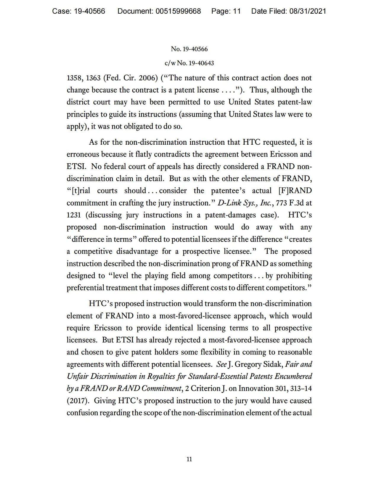 美國第五巡回上訴法院二審判決認定愛立信符合FRAND承諾