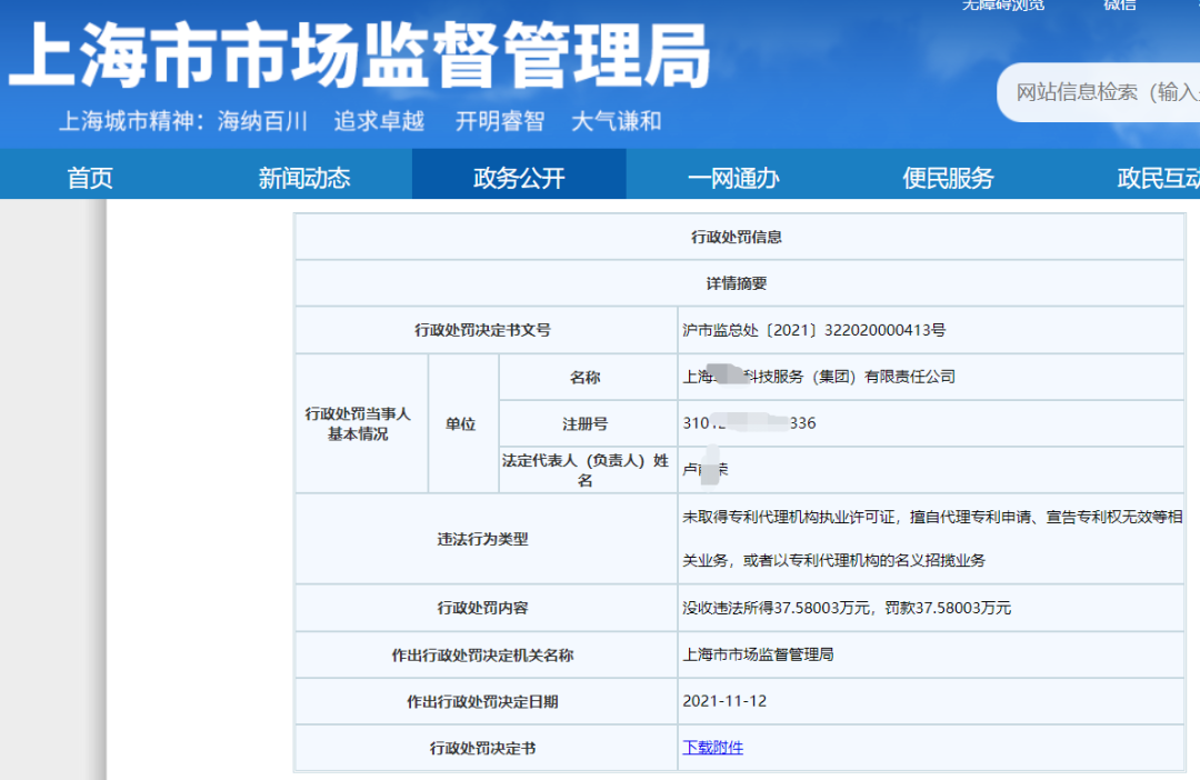 因擅自代理1138件專利申請被沒收違法所得37萬元，并罰款37萬元！