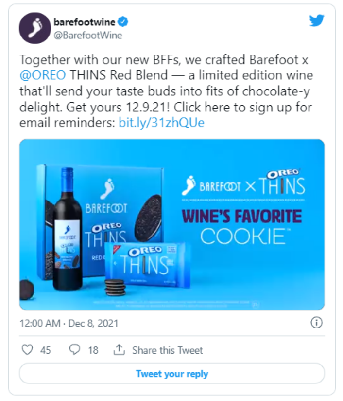 奧利奧攜手Barefoot Wine推出限量聯名紅酒