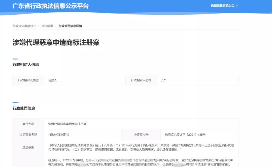 因涉嫌代理惡意申請“塔利班”商標，這家公司直接負責主管/責任人員被罰！
