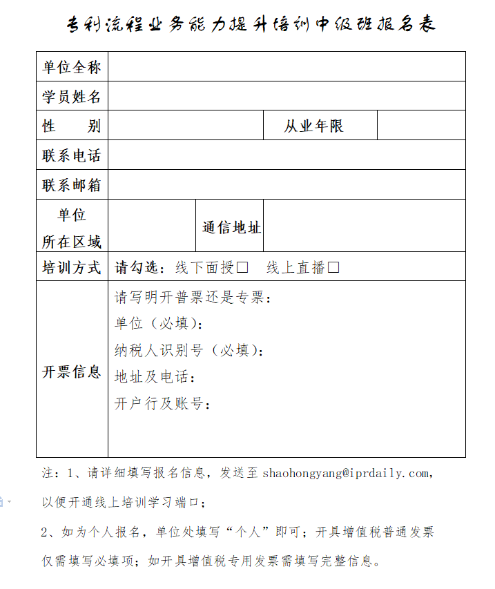 專利流程業務能力提升（中級）培訓班火熱報名中！