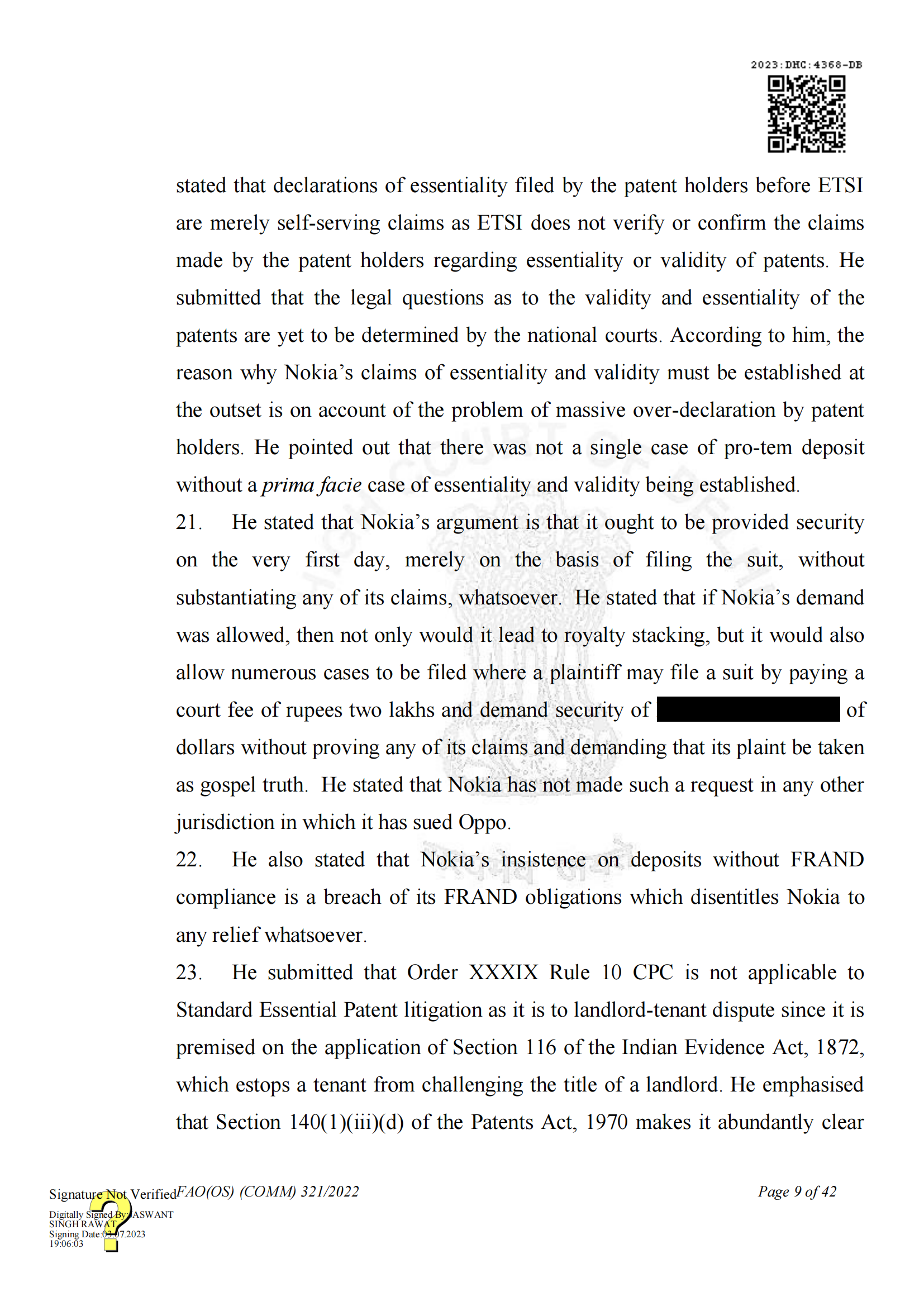 最新進展！印度高等法院要求OPPO支付保證金，因涉嫌侵犯諾基亞5G SEPs｜判決書