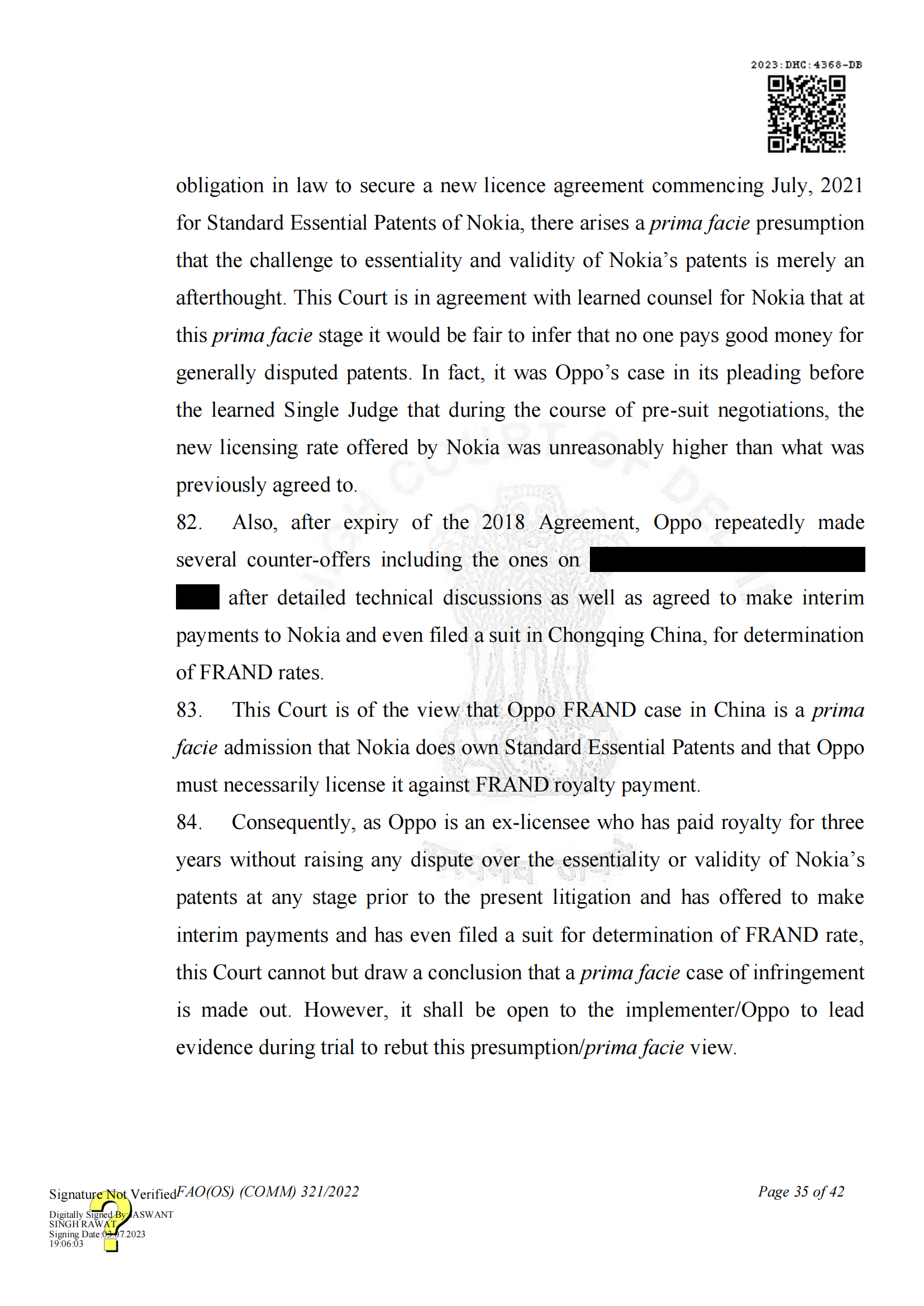最新進展！印度高等法院要求OPPO支付保證金，因涉嫌侵犯諾基亞5G SEPs｜判決書