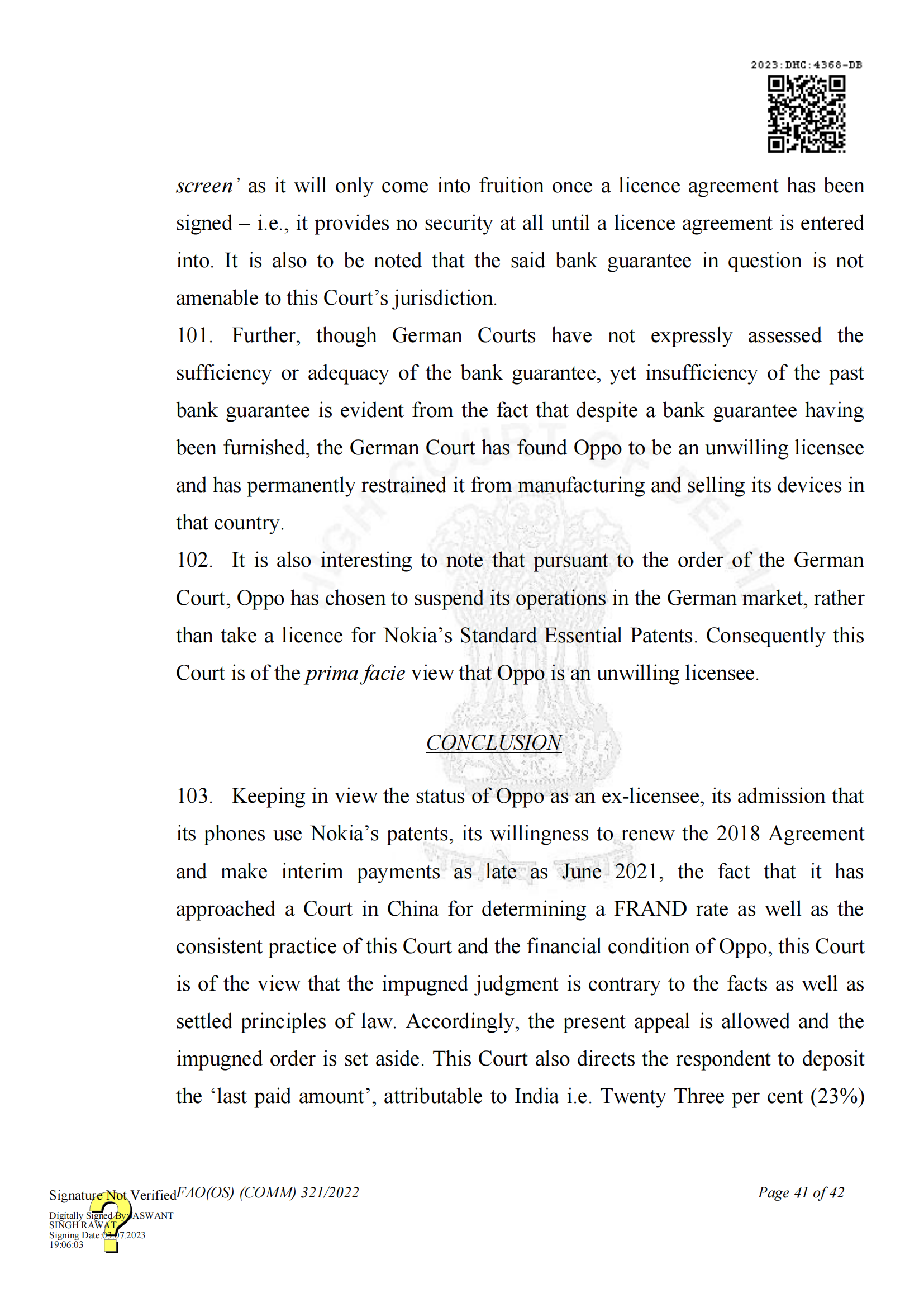 最新進展！印度高等法院要求OPPO支付保證金，因涉嫌侵犯諾基亞5G SEPs｜判決書