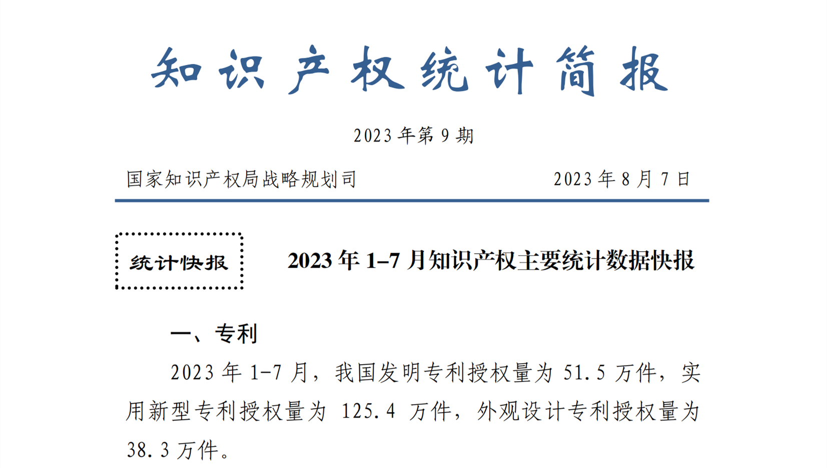 2023年1-7月專利、商標、地理標志等知識產權主要統計數據 | 附數據詳情