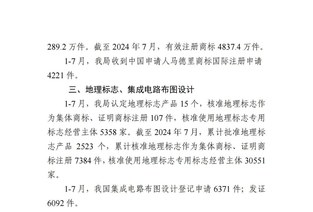 2024年1-7月專利、商標、地理標志等知識產權主要統計數據 | 附數據詳情